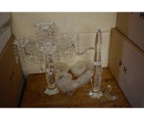 FOUR BRANCH GLASS CANDELABRA WITH DROPLETS TOGETHER WITH A FURTHER SIMILAR TWO BRANCH CANDELABRA