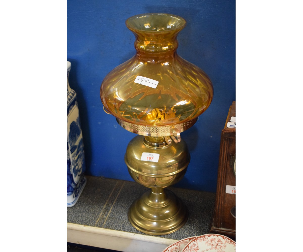 VICTORIAN BRASS OIL LAMP WITH AMBER SHADE