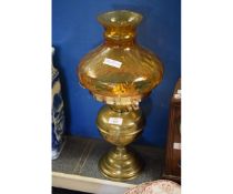 VICTORIAN BRASS OIL LAMP WITH AMBER SHADE