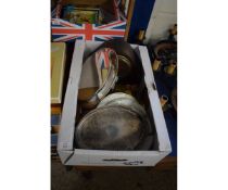 BOX CONTAINING MIXED SILVER PLATED WARES, PLATES, OAK MANTEL CLOCK ETC