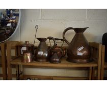 MIXED LOT CONTAINING VICTORIAN COPPER MEASURES, KETTLE, CIDER MEASURE ETC