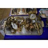 TRAY CONTAINING MODERN HORSE BRASSES, TABLE BELLS ETC