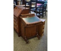 VICTORIAN WALNUT AND SATINWOOD INLAID DAVENPORT WITH GREEN LEATHER INSERT TOP AND MAPLE WOOD LINED