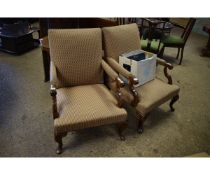 PAIR OF BEECHWOOD FRAMED ARMCHAIRS WITH SCROLLING ARMS WITH STRIPED UPHOLSTERY