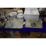 TWO TRAYS CONTAINING MIXED DECORATIVE GLASS WARES, VASES, BOWLS ETC (2)