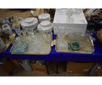 TWO TRAYS CONTAINING MIXED DECORATIVE GLASS WARES, VASES, BOWLS ETC (2)