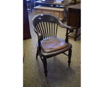 VICTORIAN OFFICE CHAIR WITH REXINE UPHOLSTERED SEAT AND SPINDLE BACK WITH SHAPED ARMS ON TURNED