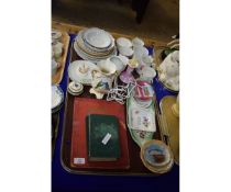 TRAY CONTAINING YARMOUTH POTTERY CANDLESTICKS, BOOK, RIBBON EDGED PLATES ETC