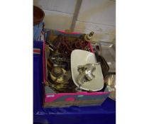 BOX CONTAINING A SET OF SCALES, MIXED BOWLS, CANDELABRA ETC