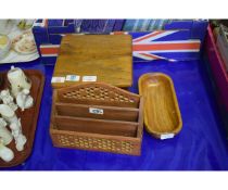 EASTERN HARDWOOD LETTER RACK, SMALL STOOL AND A DUG-OUT DISH (3)