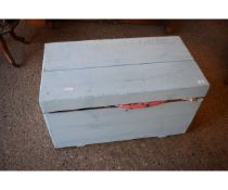 BLUE PAINTED PINE FRAMED LIFT UP TOP TRUNK TOGETHER WITH VARIOUS BED COVERS