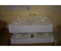 PAIR OF SQUARE BASED GLASS FOUR BRANCH CANDELABRA