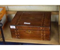 WALNUT CASED AND TONBRIDGE WARE BOX TOGETHER WITH ASSORTED GLASS DROPLETS