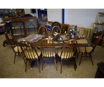 GOOD QUALITY ERCOL REFECTORY TABLE TOGETHER WITH A SET OF EIGHT HIGH BACK DINING CHAIRS COMPRISING