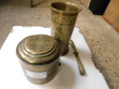 INDIAN ETCHED VASE, STORAGE CONTAINER AND LETTER OPENER