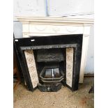 WHITE PAINTED PINE FIRE SURROUND WITH URN AND SWAG DETAILS, TOGETHER WITH A CAST IRON FIRE INSERT