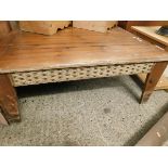 LARGE SQUARE FORMED SLATTED TOP PINE FRAMED COFFEE TABLE WITH WICKER SIDES