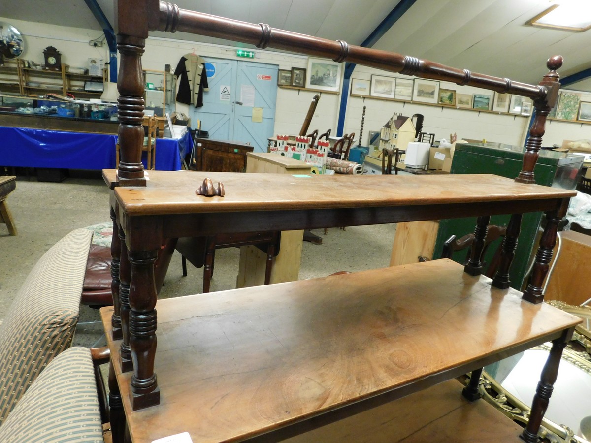 19TH CENTURY MAHOGANY FRAMED THREE GRADUATED STEPPED STAND OR BUFFET, WITH TURNED COLUMN SUPPORTS