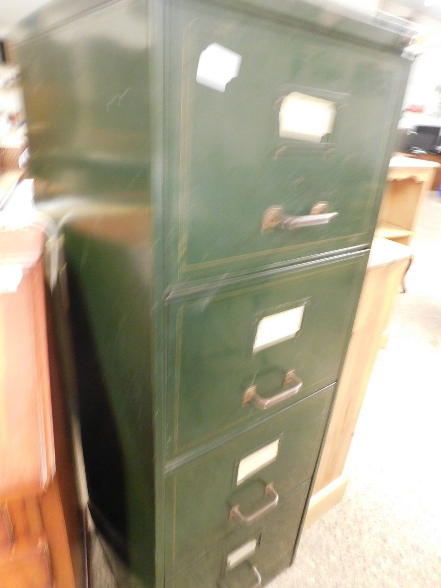 GOOD QUALITY VINTAGE ART METAL GREEN PAINTED FOUR DRAWER FILING CABINET WITH BRASS HANDLES AND KEY