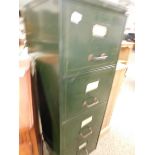 GOOD QUALITY VINTAGE ART METAL GREEN PAINTED FOUR DRAWER FILING CABINET WITH BRASS HANDLES AND KEY