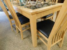 OAK FRAMED KITCHEN DINING TABLE WITH THREE SECTION GRANITE TOP TOGETHER WITH A SET OF SIX