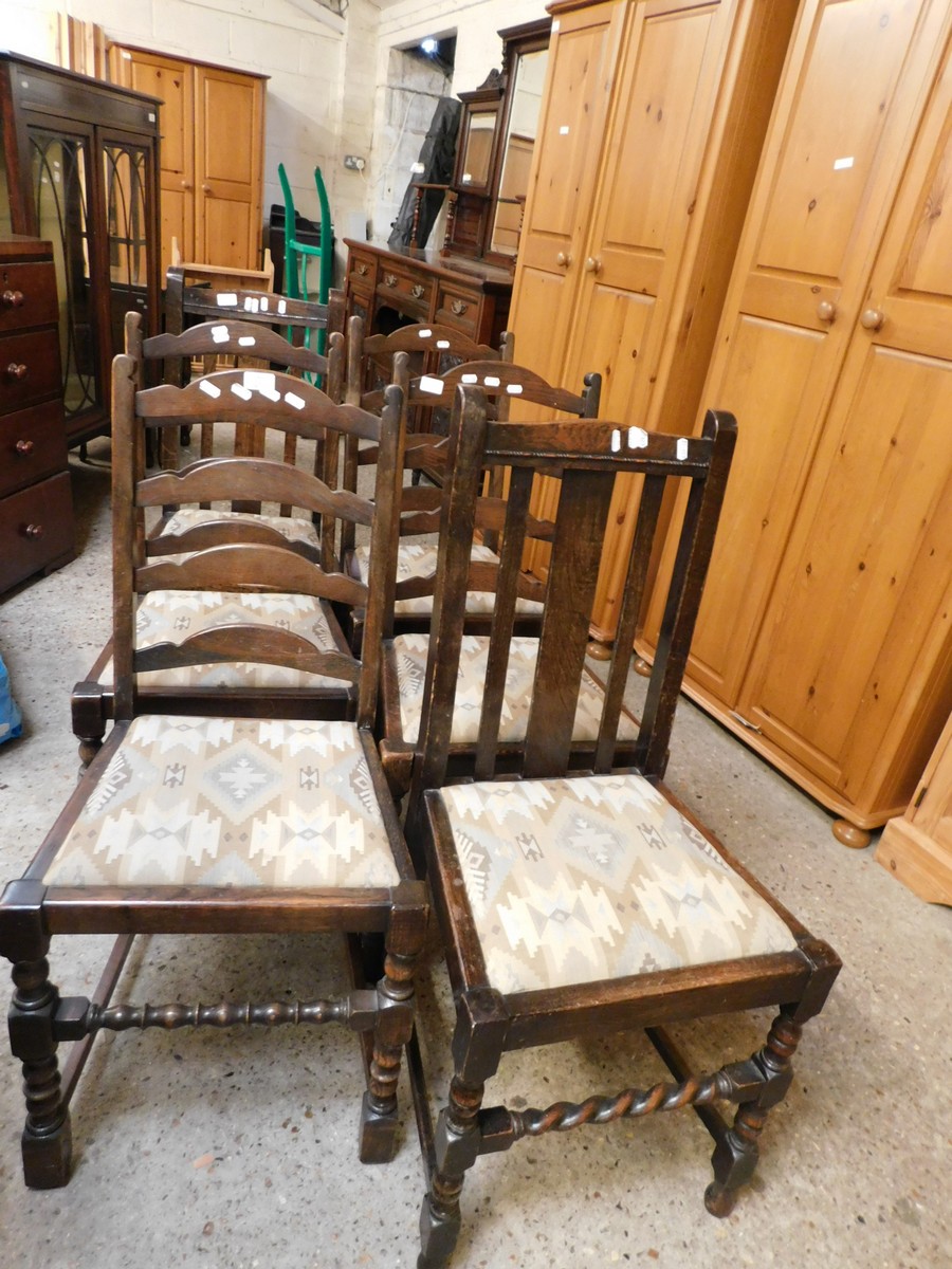 SET OF FOUR MID-20TH CENTURY LADDERBACK DINING CHAIRS WITH BOBBIN TURNED SUPPORTS AND DROP IN