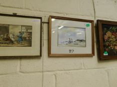 WATERCOLOUR OF A BEACH SCENE, AN EMBROIDERED FLORAL PICTURE AND A WATERCOLOUR OF A TAVERN SCENE (3)