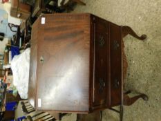 REPRODUCTION MAHOGANY DROP FRONTED BUREAU WITH TWO DRAWERS ON STANDS