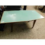 GREEN MELAMINE TOP RETRO COFFEE TABLE ON TAPERING LEGS