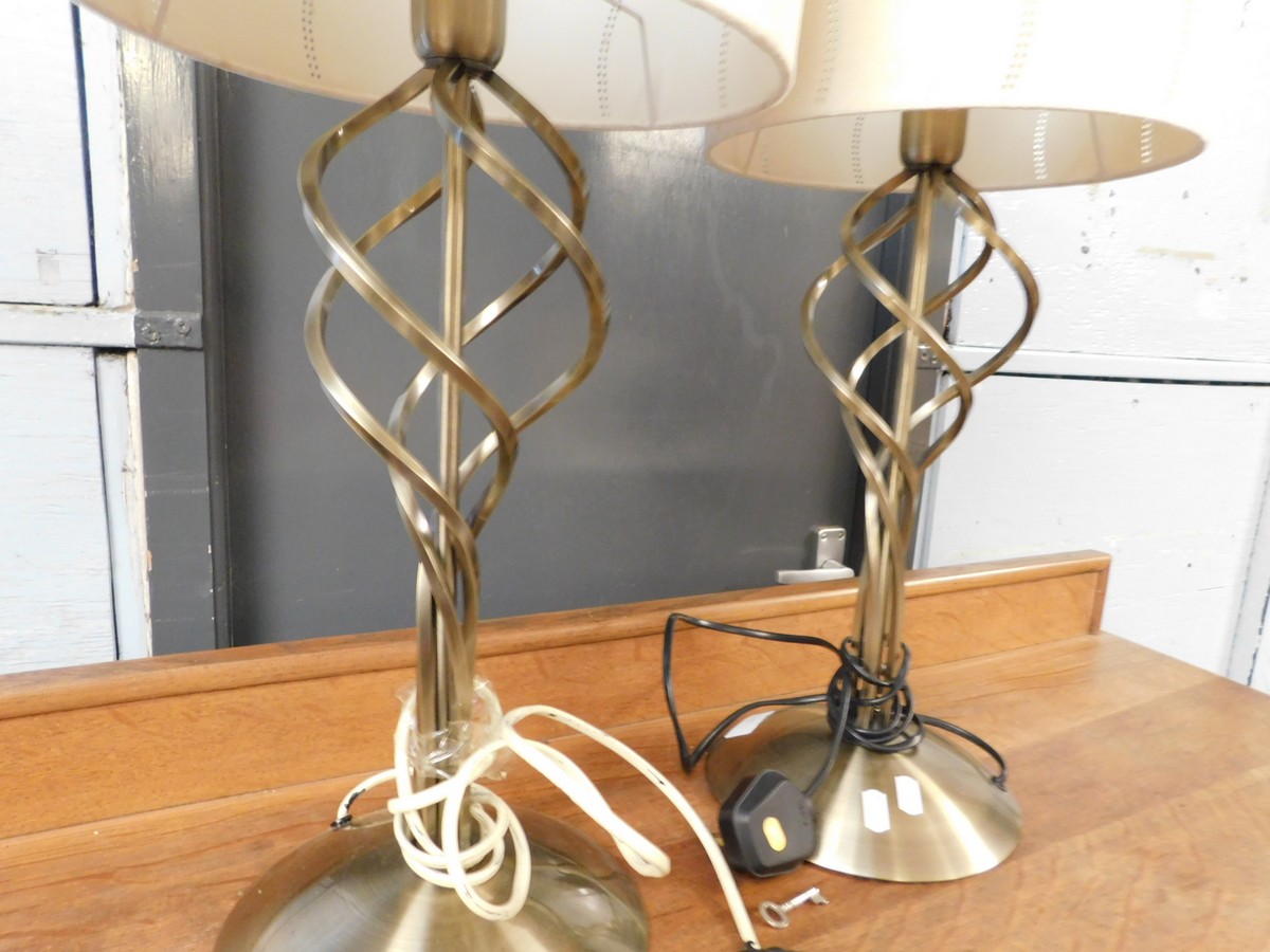 TWO BRASS EFFECT SIDE LAMPS AND SHADES WITH TWISTED COLUMNS