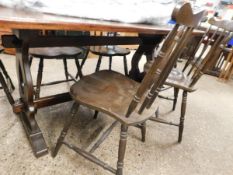 OAK FRAMED REFECTORY TABLE WITH SHAPED ENDS TOGETHER WITH SIX OAK FRAMED HARD SEATED STICK BACK