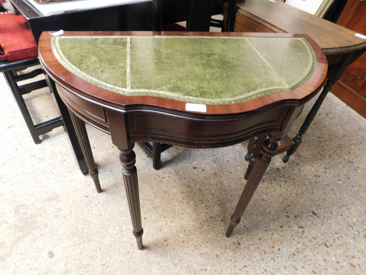 REPRODUCTION MAHOGANY DEMI-LUNE SIDE TABLE WITH GREEN LEATHER INSERT WITH REEDED LEGS