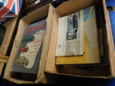 TWO BOXES CONTAINING MIXED MOTOR CAR HANDBOOKS TO INCLUDE CORTINA, AUTOCAR MAGAZINES, AA MEMBERS