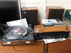 LEAK TURNTABLE TOGETHER WITH A ROTEL STEREO RECEIVER AND AN AMSTRAD STEREO CASSETTE DECK AND TWO