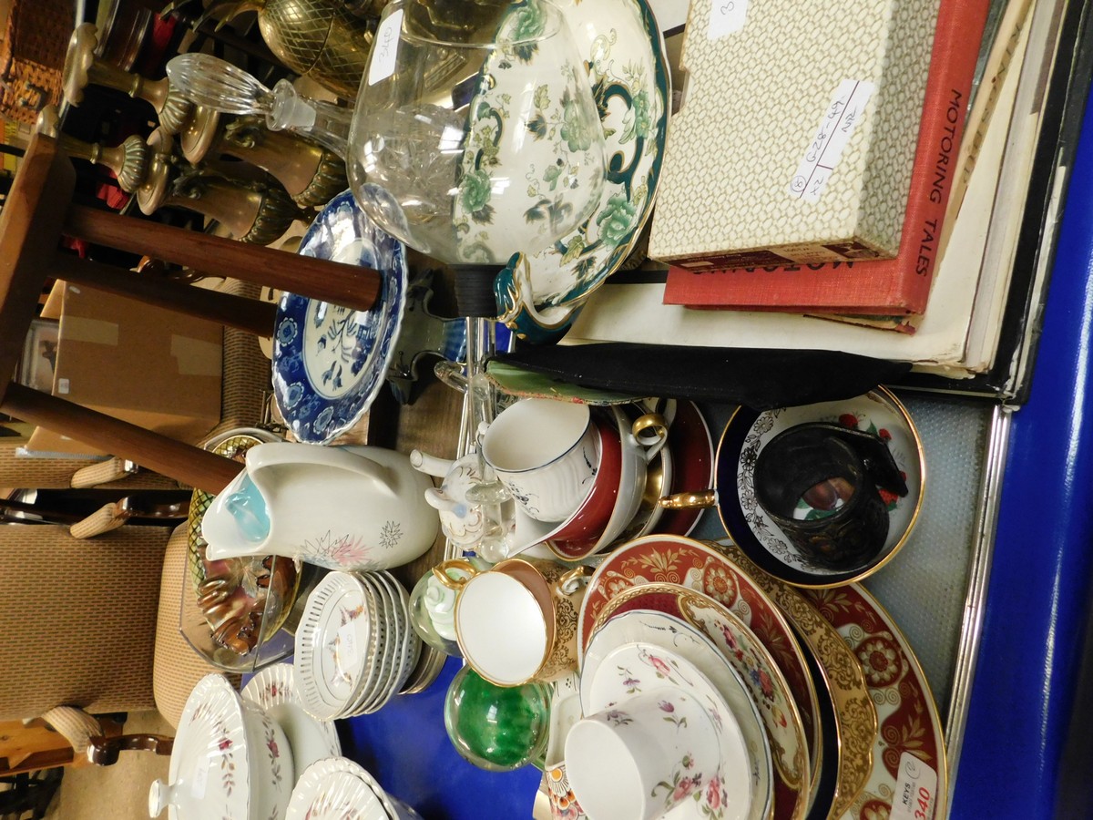 TWO TRAYS CONTAINING A PAIR OF COPPER FLUTED VASES, POSTAL SCALES, CARNIVAL GLASS DISH, YEW WOOD