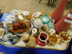 TRAY CONTAINING A PAIR OF MODERN MARKS & SPENCER VASES, BLUE AND WHITE JUGS, SIAMESE CAT