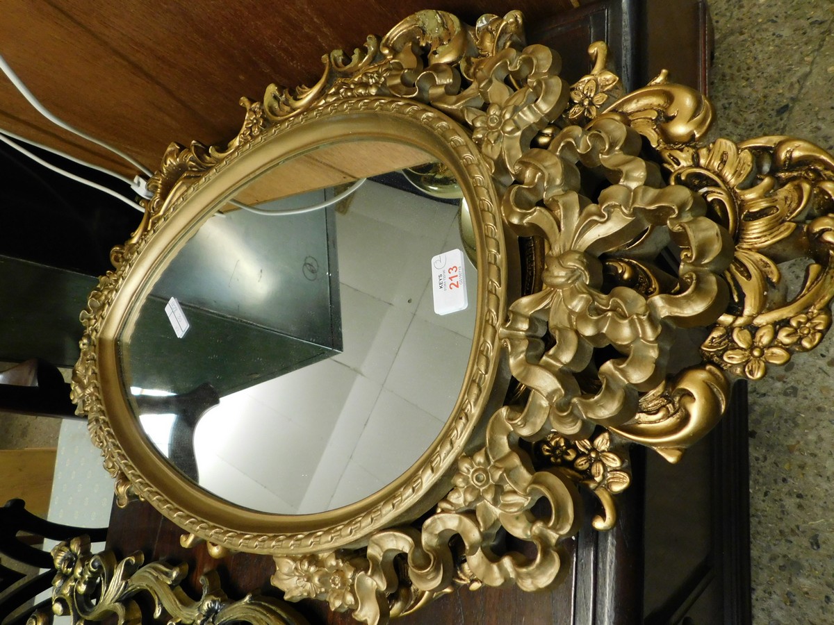 TWO RESIN LOZENGE SHAPED MIRRORS WITH PAINTED GOLD DETAIL (2)