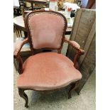 LOUIS XV STYLE ARMCHAIR WITH CORAL UPHOLSTERY AND CABRIOLE FRONT LEGS