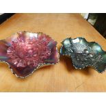 TWO CARNIVAL GLASS DISHES TOGETHER WITH A FURTHER CRIMPED CRANBERRY DISH
