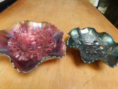 TWO CARNIVAL GLASS DISHES TOGETHER WITH A FURTHER CRIMPED CRANBERRY DISH