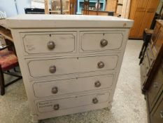 VICTORIAN PAINTED PINE FRAMED TWO OVER THREE FULL WIDTH DRAWER CHEST ON BUN FEET