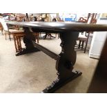 GOOD QUALITY DARK STAINED ERCOL REFECTORY TYPE TABLE WITH SHAPED ENDS