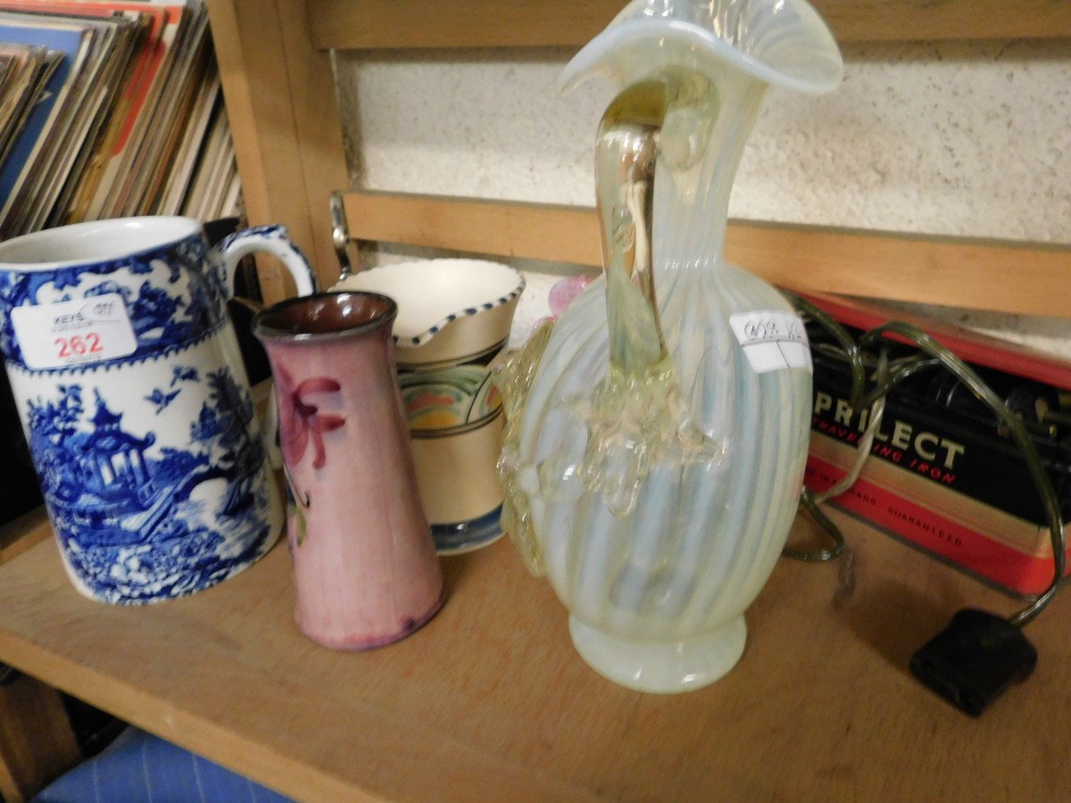 SILVER PLATED TOAST RACK, BLUE AND WHITE PRINTED JUG, VASELINE JUG WITH RAISED FLORAL RELIEF ETC