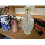 SILVER PLATED TOAST RACK, BLUE AND WHITE PRINTED JUG, VASELINE JUG WITH RAISED FLORAL RELIEF ETC