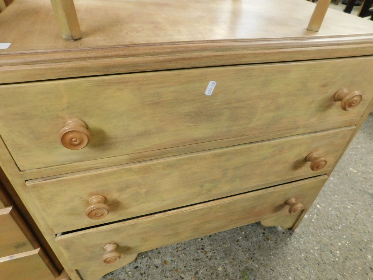 PLYWOOD FORMED THREE FULL WIDTH DRAWER CHEST WITH TURNED KNOB HANDLES