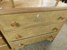 PLYWOOD FORMED THREE FULL WIDTH DRAWER CHEST WITH TURNED KNOB HANDLES