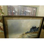 MODERN FRAMED PRINT TOGETHER WITH A FURTHER OIL OF A COASTAL SCENE BY PETER WILLIAMS