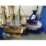 MIXED LOT OF GLASS WARES, AN HMS VICTORY SCRATCH BUILT BOAT ETC