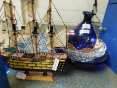 MIXED LOT OF GLASS WARES, AN HMS VICTORY SCRATCH BUILT BOAT ETC