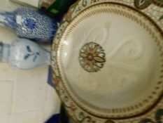 BLUE AND WHITE VASE, DELFT TYPE LIDDED VASE AND A LARGE MEAT PLATTER (3)